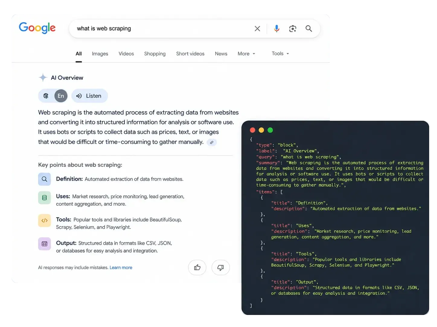 Google AI Mode results returned as structured JSON