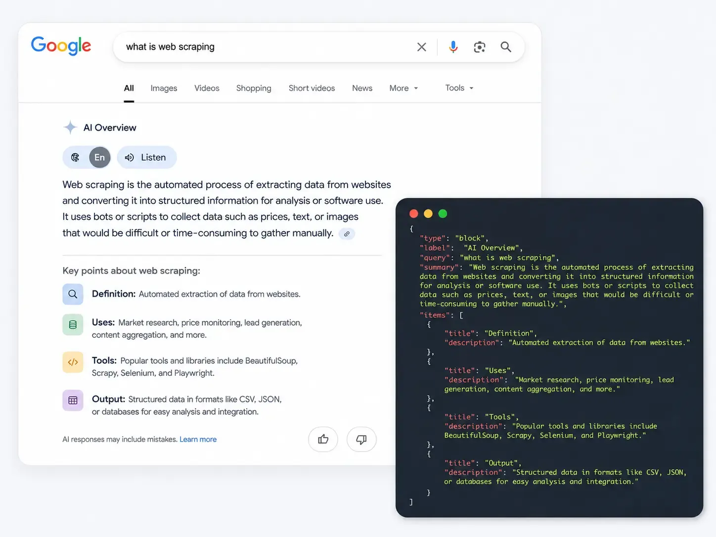 Google AI Mode results returned as structured JSON