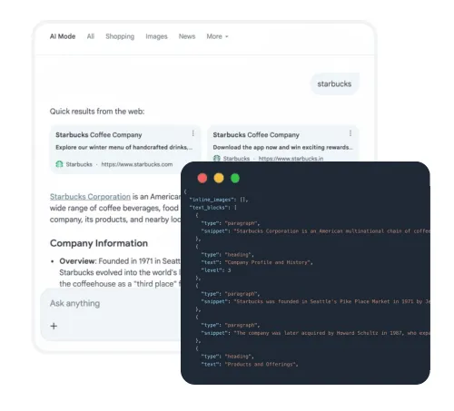 Google AI Mode results returned as structured JSON