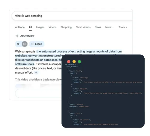 Google AI Overview results returned as structured JSON