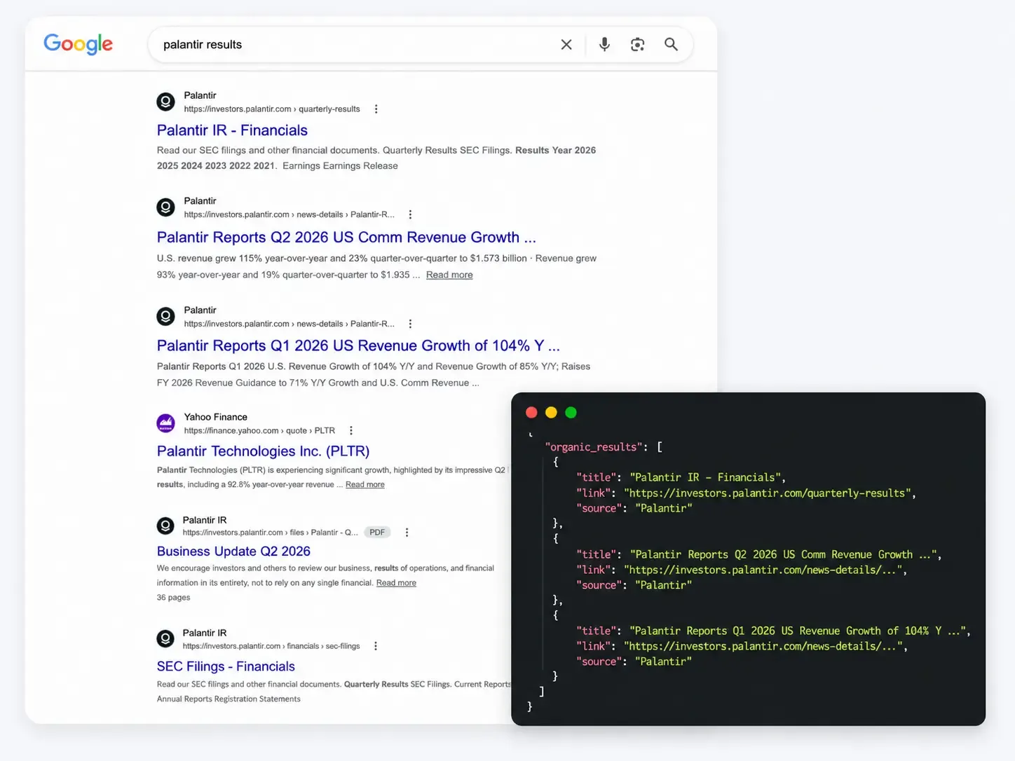 Google Search API results returned as structured JSON