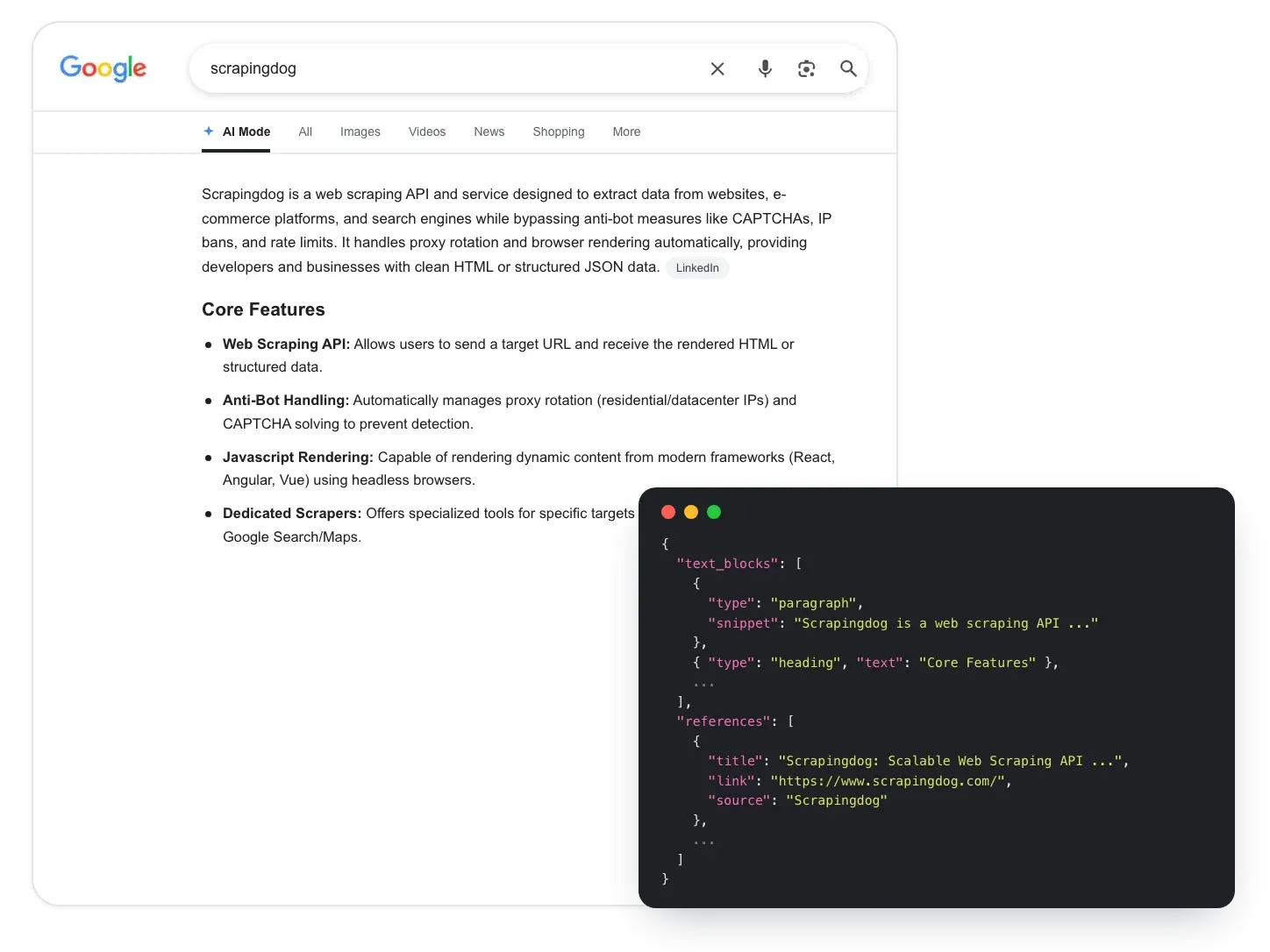 Google AI Mode answer for "scrapingdog" next to the text_blocks and references JSON from the Google AI Mode API