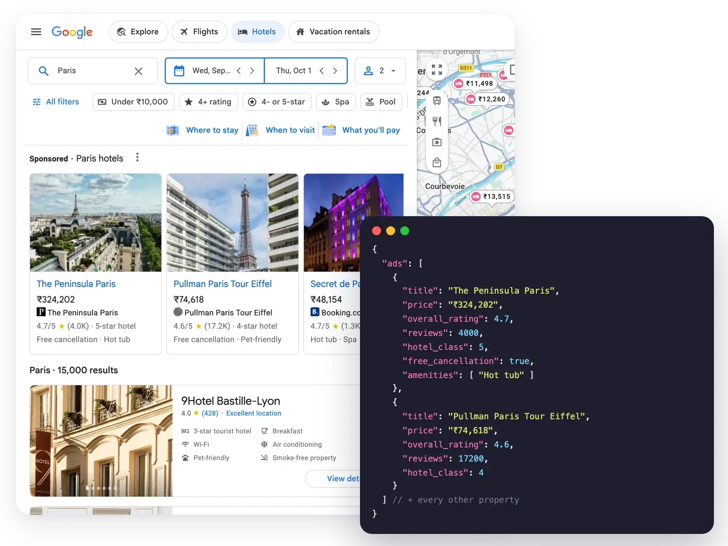 Google Hotels results for Paris next to the matching ads JSON from the Google Hotels API