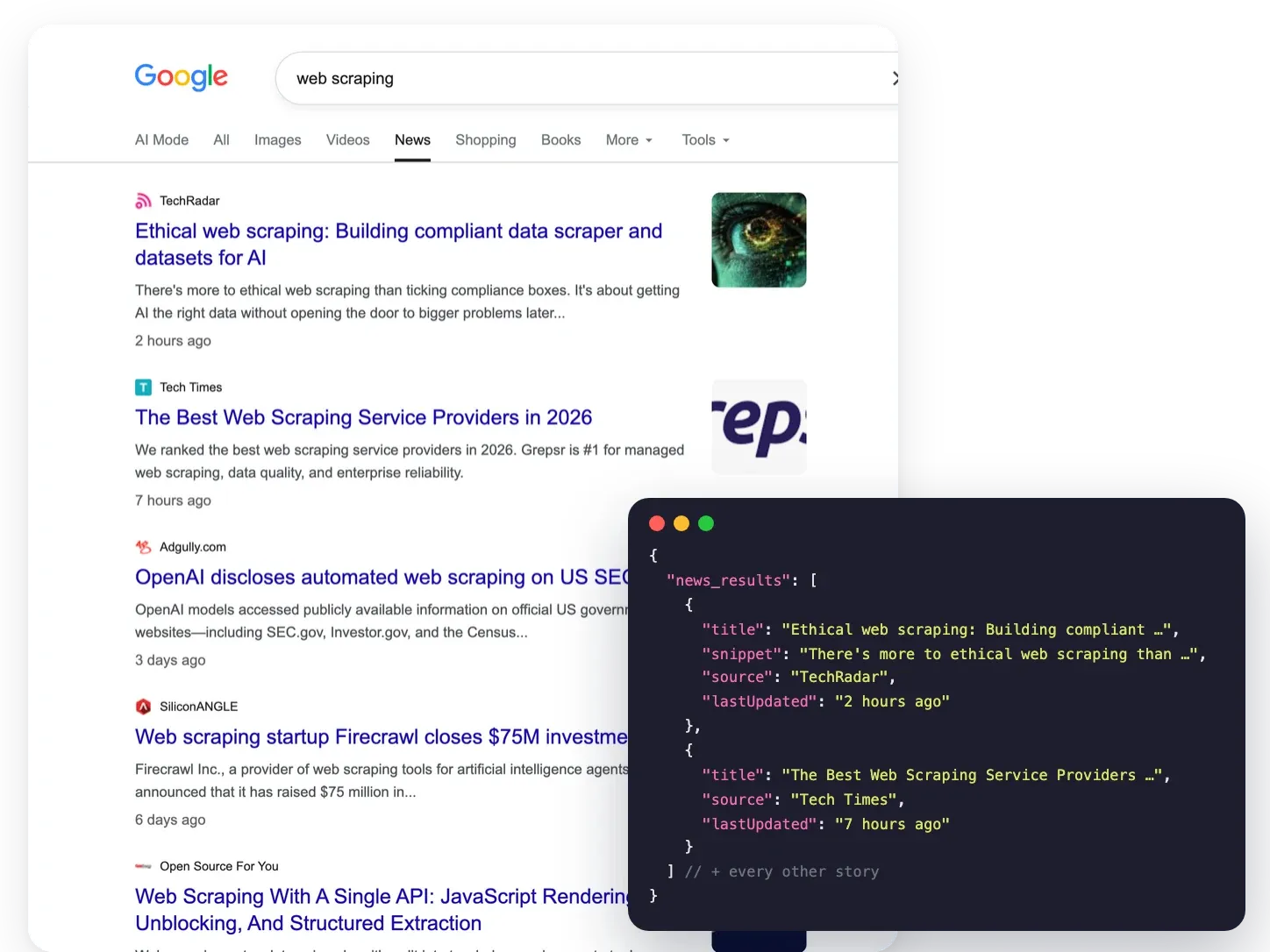 Google News results for "web scraping" next to the matching news_results JSON from the Google News API