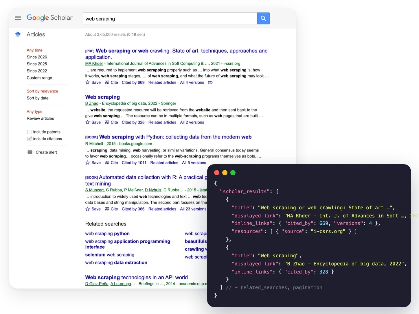 Google Scholar results for "web scraping" next to the matching scholar_results JSON from the Google Scholar API