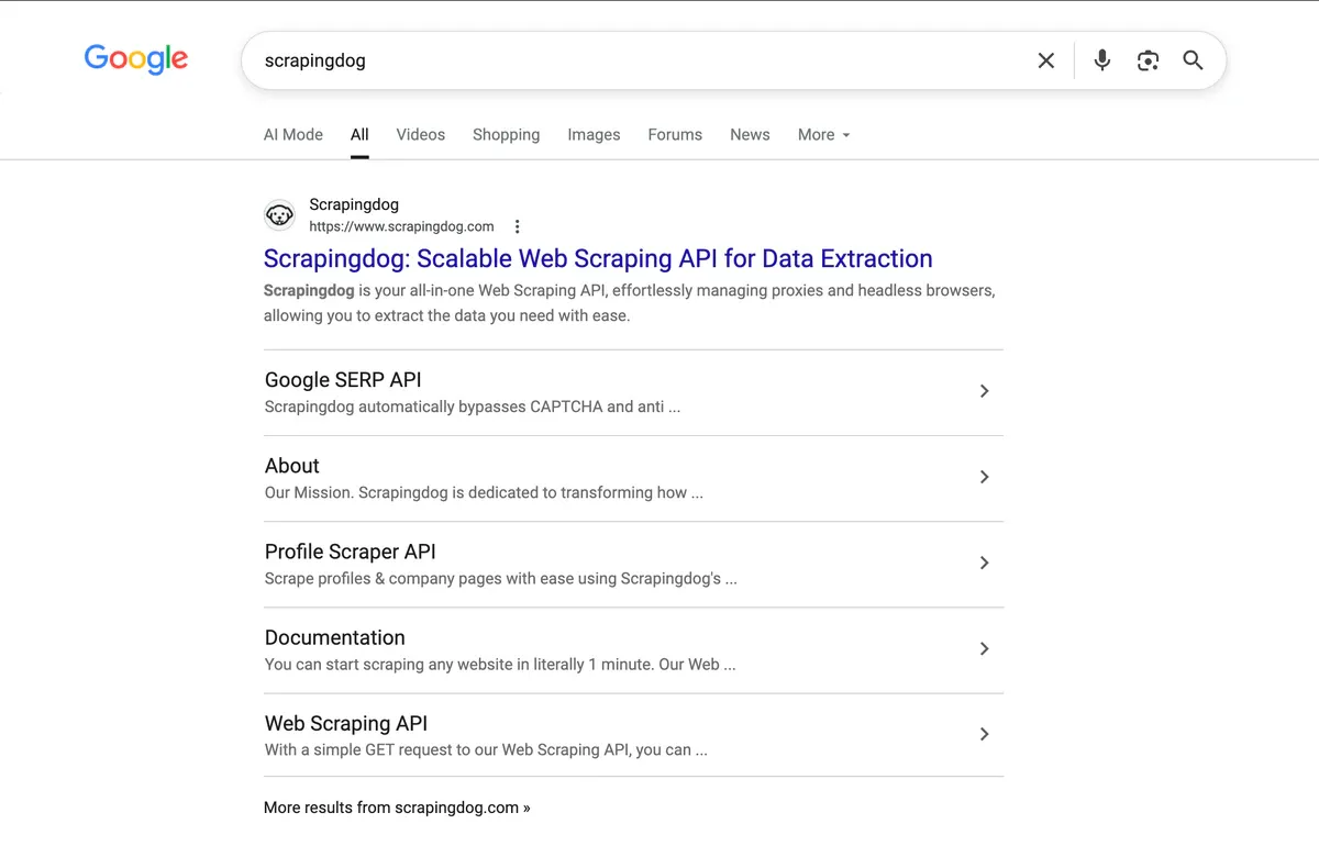 Google search results for "scrapingdog"