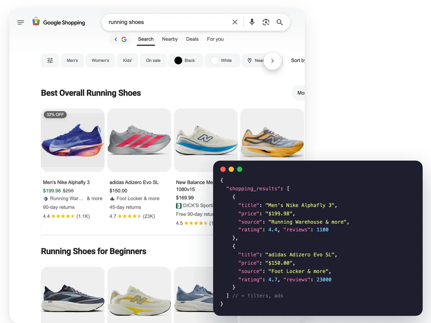 Google Shopping results for "running shoes" next to the matching shopping_results JSON from the Google Shopping API