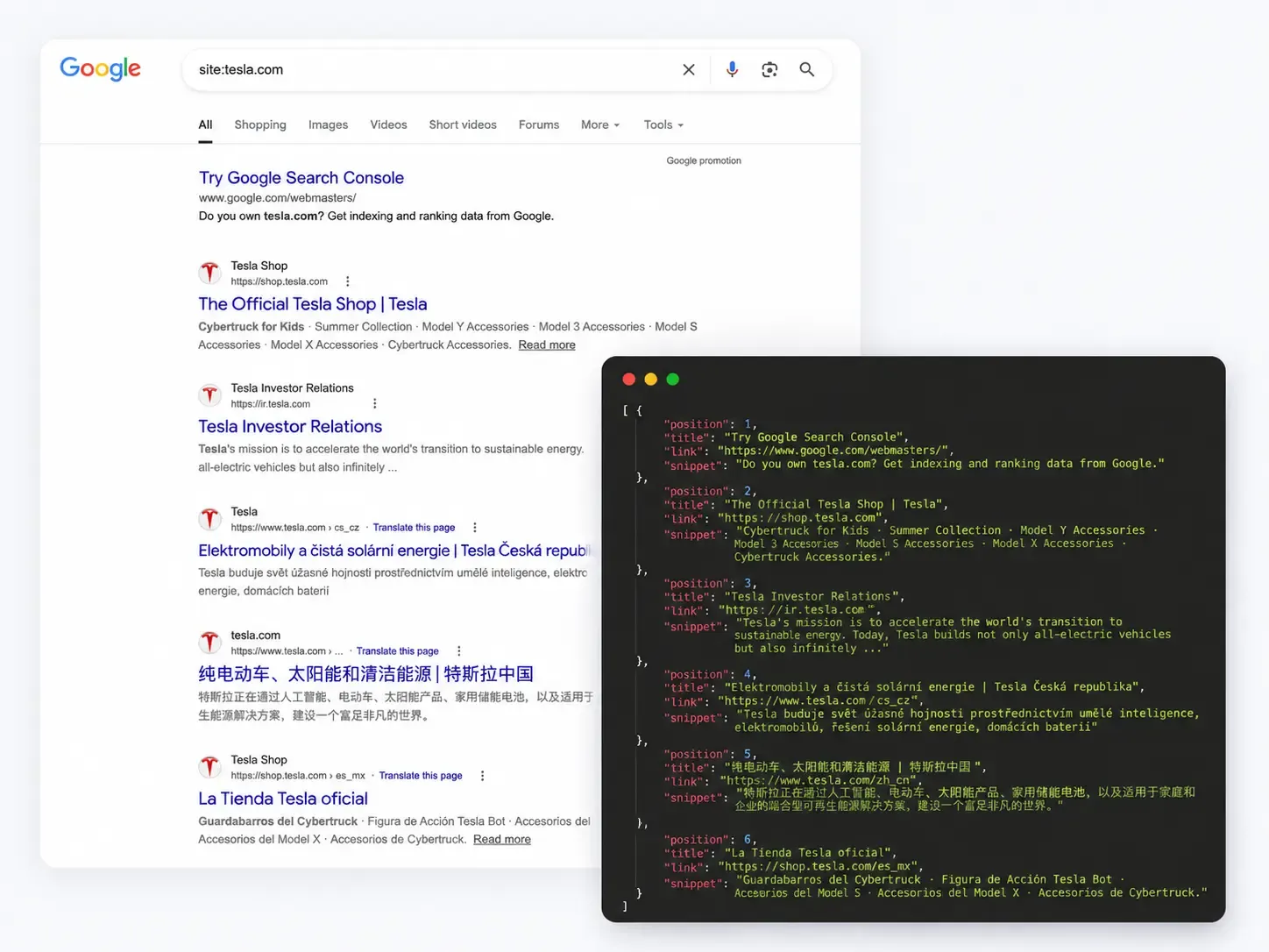 Google SERP position tracking data returned as structured JSON