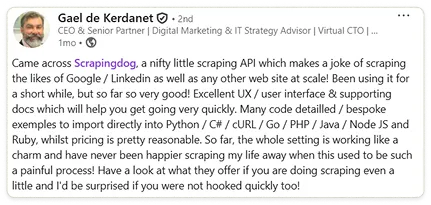 Customer testimonial – Scrapingdog review