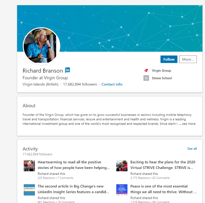 Richard Branson founder at Virgin Group LinkedIn Profile