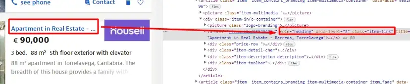 Inspecting title in source code of idealista property listing