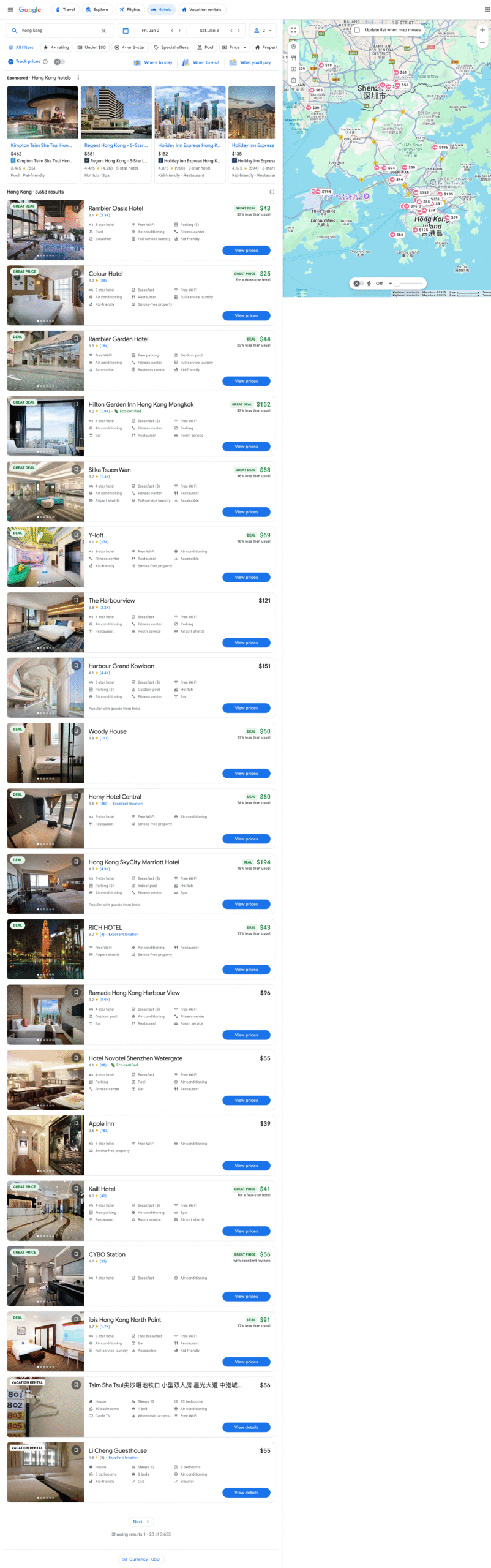 Google Hotels Results