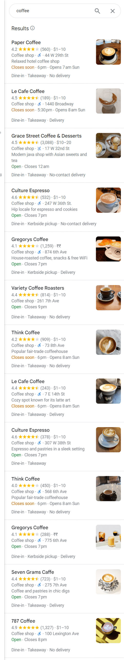 Google Maps Search Results